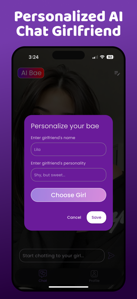 Talk To Girls :Romantic Ai Bae - AIガールフレンドの名前と性格をパーソナライズするためのインターフェース