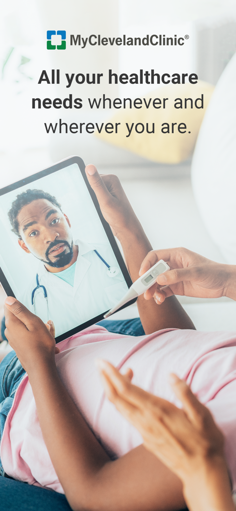 A patient using the MyClevelandClinic app for a virtual doctor visit on a tablet