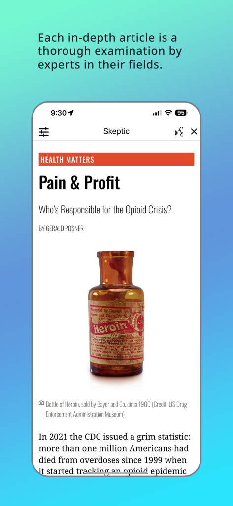 Skeptic Magazine app showing an in-depth article about the opioid crisis with a vintage heroin bottle illustration.
