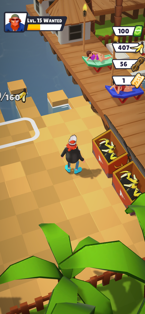 Street Dude - Homeless Empire - A character in Street Dude Homeless Empire standing on a wooden dock near banana crates and lounge chairs