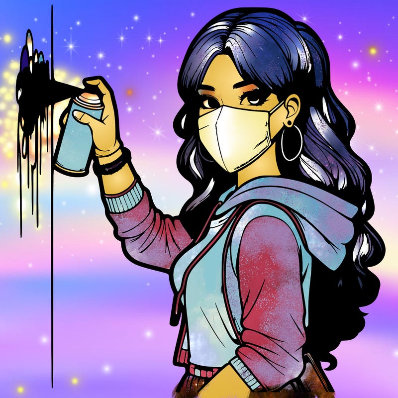 realistic girl with mask spray painting a wall