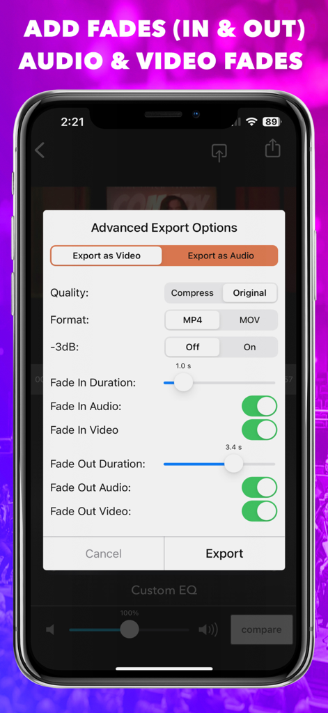 Advanced export settings with audio and video fade controls in VideoMaster