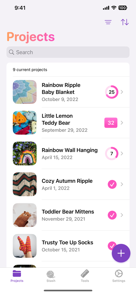 A screen in the YarnBuddy app showing a list of knitting and crochet projects with progress indicators and thumbnail photos.