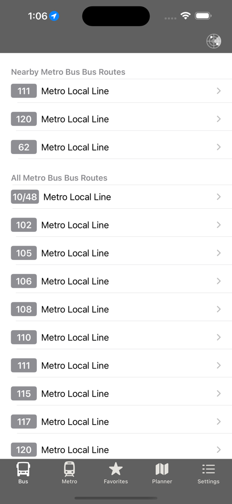 Interface of the LA Metro and Bus app displaying a list of nearby bus routes