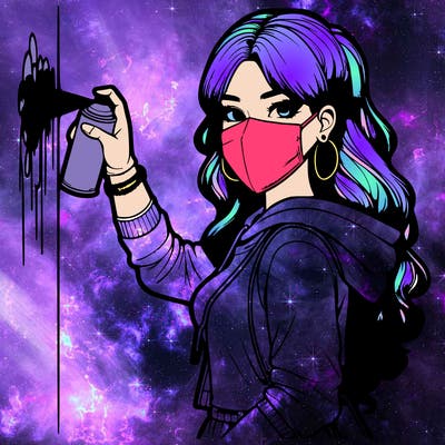 realistic girl with mask spray painting a wall