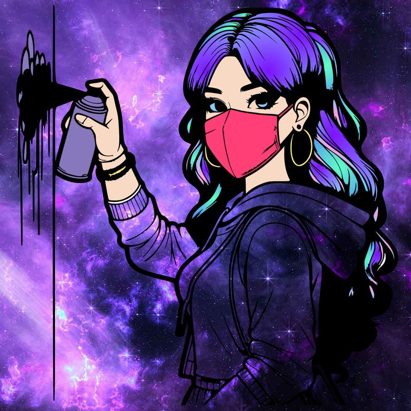 realistic girl with mask spray painting a wall