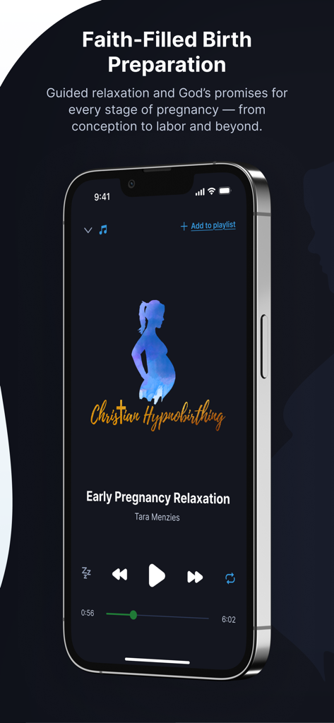 Christian Hypnobirthing app displaying a faith-filled early pregnancy relaxation audio track on a smartphone.