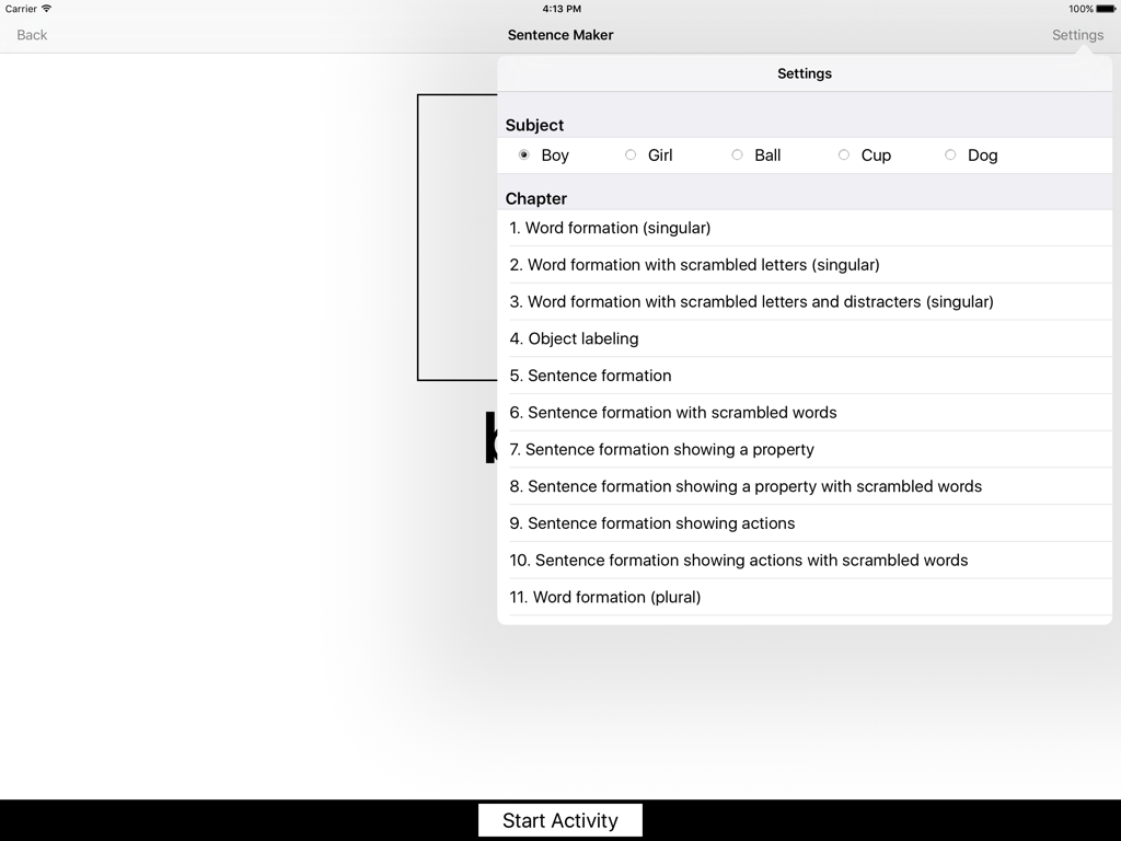 Sentence Maker App - Menú de configuración en la App Creador de Oraciones que muestra opciones de materias y una lista de capítulos de lecciones para la formación de palabras y oraciones.