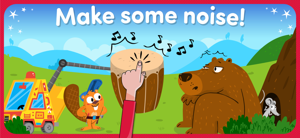 Animal Rescue: Kids games FULL - Cartoon beaver and bear watching a hand tap a drum with musical notes in an educational kids game