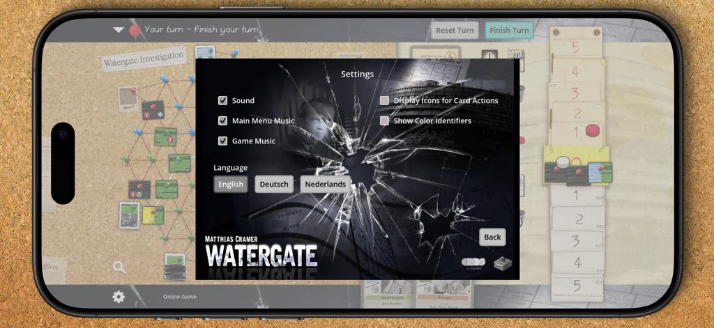 Settings menu of the Watergate Board Game mobile app showing sound and language options