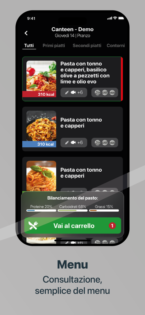 MyDSU - MyDSU app interface showing university canteen menu with nutritional macro breakdown and calorie counts