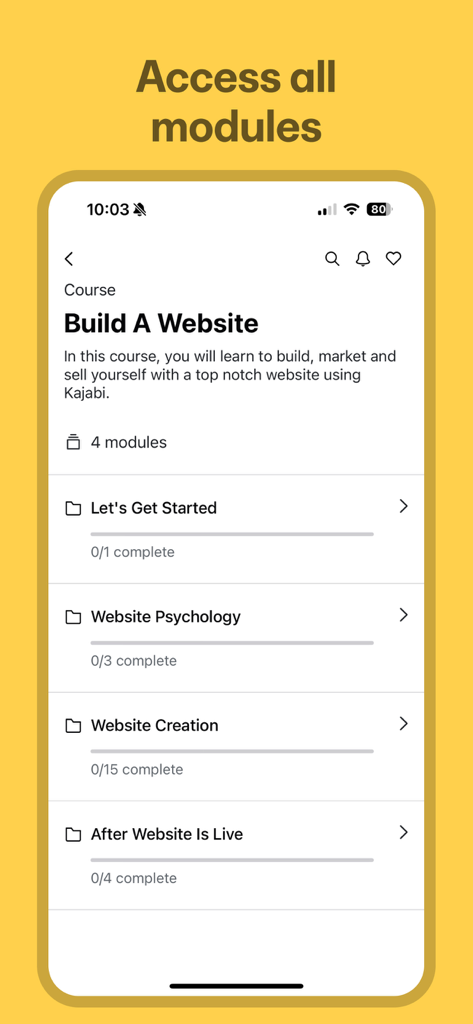 Kajabi app interface showing course modules and progress tracking for a website building course