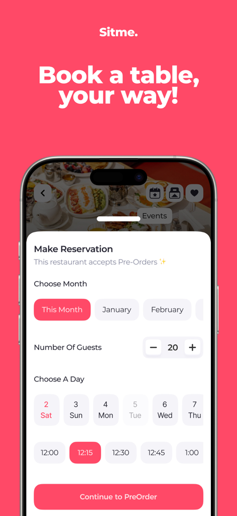 Sitme. - Sitme mobile app interface for booking a restaurant table with guest count and time selection