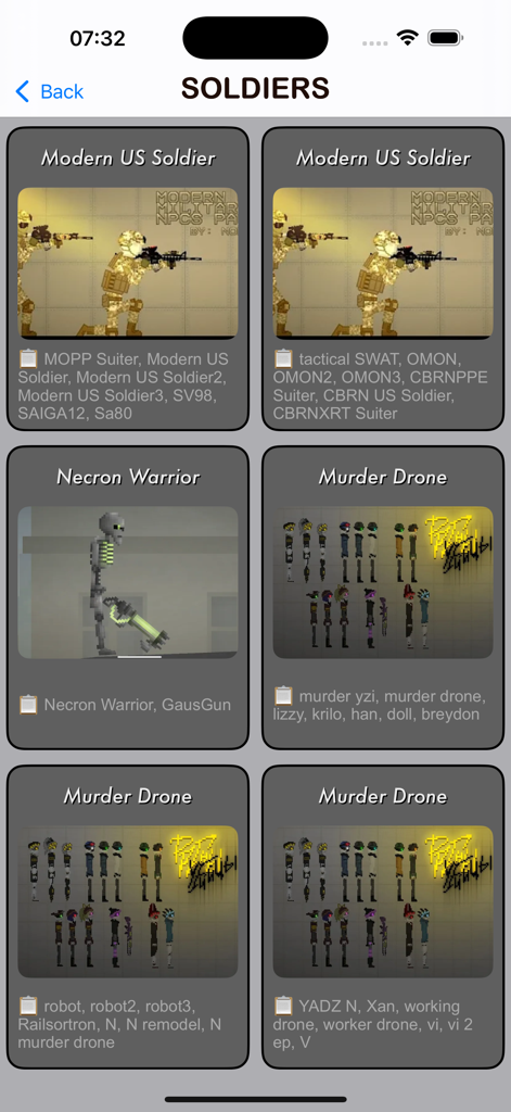 Addons for Ragdoll Melmod PG - Selection menu for soldiers and character mods in the Ragdoll Melmod PG app
