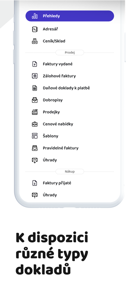 iDoklad - iDoklad mobile app interface showing a list of business document types including invoices quotes and templates