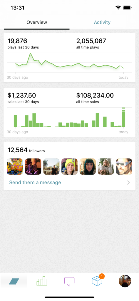 Bandcamp for Artists & Labels - Bandcamp for Artists app overview screen showing plays sales statistics and fan follower list