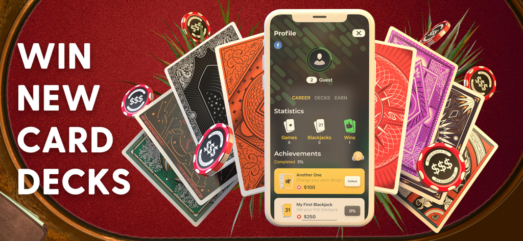 Blackjack - アンロック可能なカードデッキのデザインとプレイヤープロフィールのキャリア統計を表示するブラックジャックアプリインターフェース