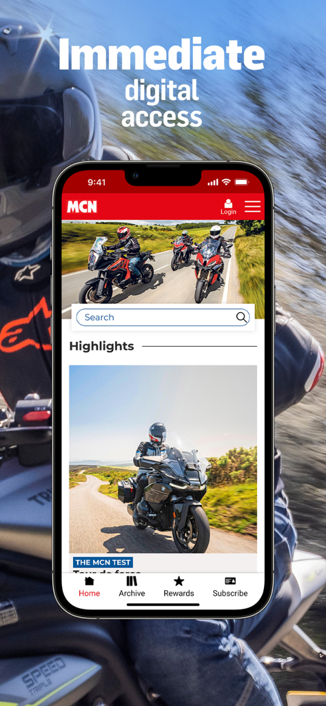 MCN: Motorcycle News Magazine - Smartphone displaying the MCN Motorcycle News Magazine app home screen with motorcycle news and digital highlights