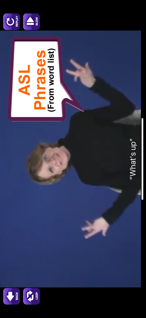 ASL Translator - Screenshot of the ASL Translator app showing a woman signing the phrase What's up with playback controls