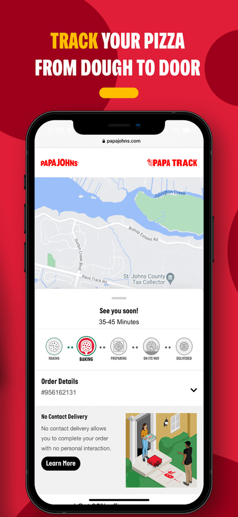 Papa Johns App-Bildschirm, der den Bestellfortschritt mit der Papa Track-Funktion und Details zur kontaktlosen Lieferung zeigt.