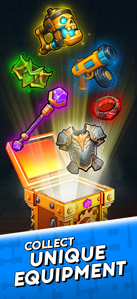 Guns vs Magic - Battle RPG - 金色の宝箱が開かれ、杖や鎧などの様々なディーゼルパンク武器や魔法の装備が現れる。