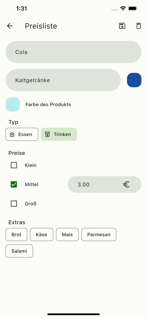 Order Appで、価格カテゴリと追加オプションを含むドリンクアイテムの設定を表示するスマートフォンの画面