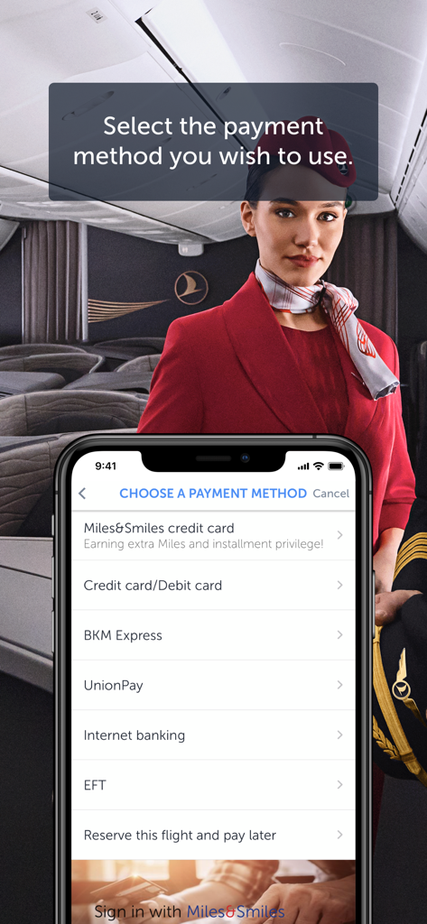 Turkish Airlines mobile app showing the choose a payment method screen with multiple secure payment options