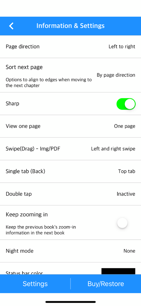 Interfaz de configuración de la aplicación Manga Viewer mostrando opciones para la dirección de la página, el nitidez de la imagen y los gestos de navegación.