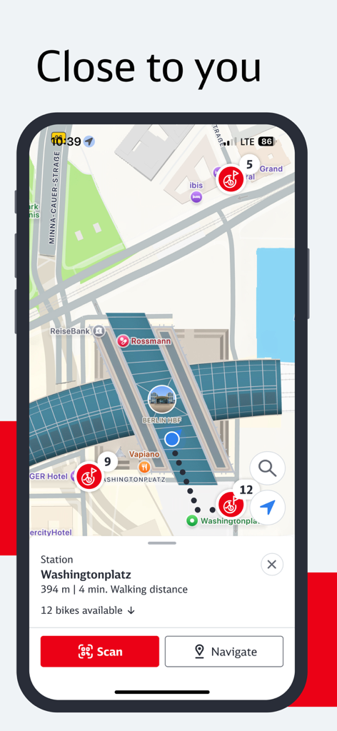 Call a Bike - Call a Bike app map showing available bike sharing stations and walking distance in Berlin