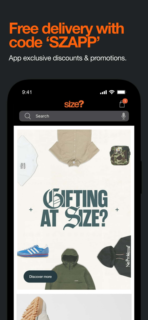 The size? mobile app interface showing streetwear collections and an exclusive free delivery discount code.