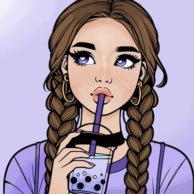 realistic girl with braided hair drinking boba