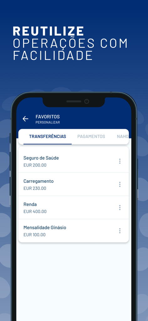 BAI Europa Directo - Schermata dell'app BAI Europa Directo che mostra un elenco di pagamenti e trasferimenti ricorrenti preferiti in Euro
