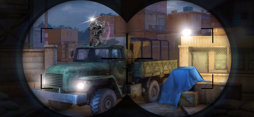 Sniper Army: Shooter Gun Arena - Sniper scope view targeting an enemy soldier on a truck in an industrial arena