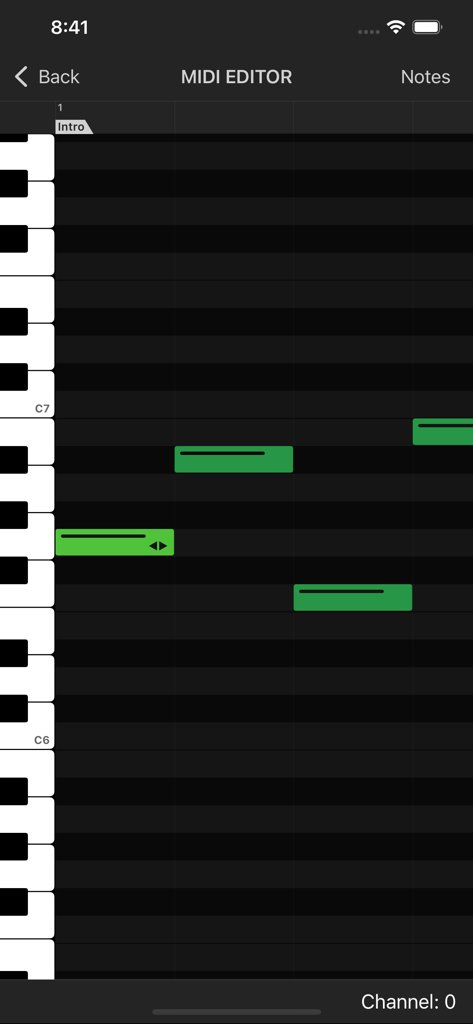 Uno screenshot dell'editor MIDI nell'app PLAYBACK With Metronome che mostra un piano roll con note verdi su sfondo scuro.