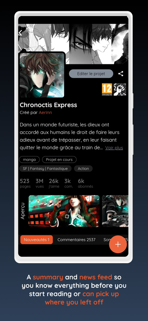 Mangadraft - Manga & Webtoons - Un résumé et un fil d'actualité sur l'application Mangadraft montrant les détails et les statistiques des mangas