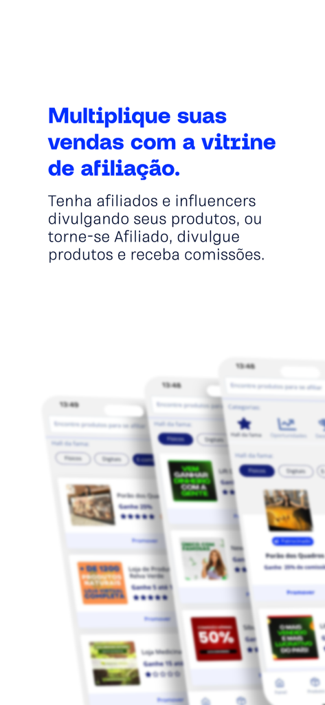 Monetizze app interface showing a showcase of products for affiliate marketing