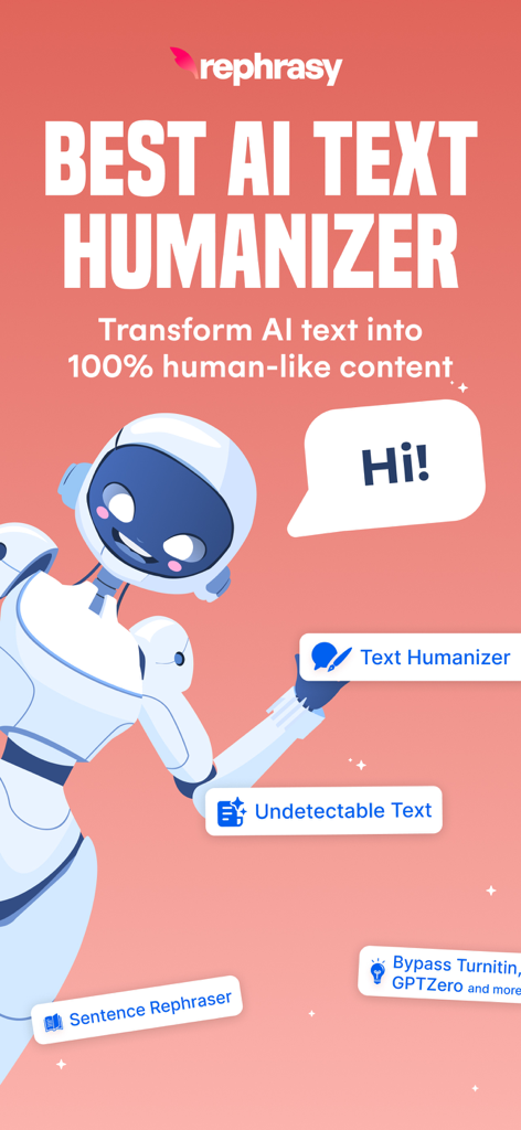 Bypass Al Detector & Humanizer - Pantalla promocional de la aplicación Rephrasy que presenta un robot amigable y funciones de humanización de texto para evitar detectores de IA como Turnitin y GPTZero