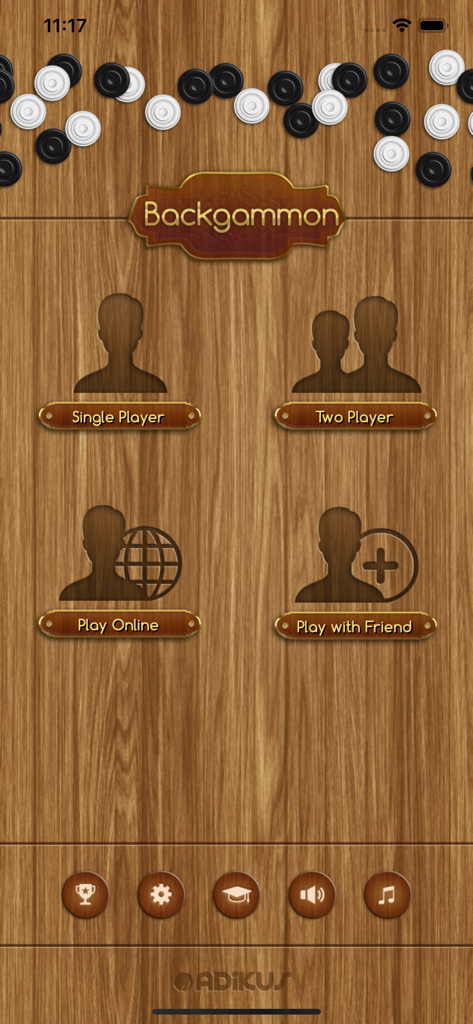 Tela do menu principal do aplicativo Backgammon Classic Board Live com modos de jogo como Jogador Único e Jogar Online em um fundo de madeira.