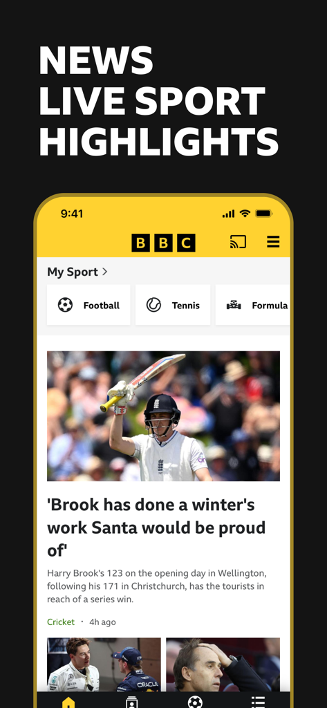 BBC Sport mobile app home screen with sports news and highlights