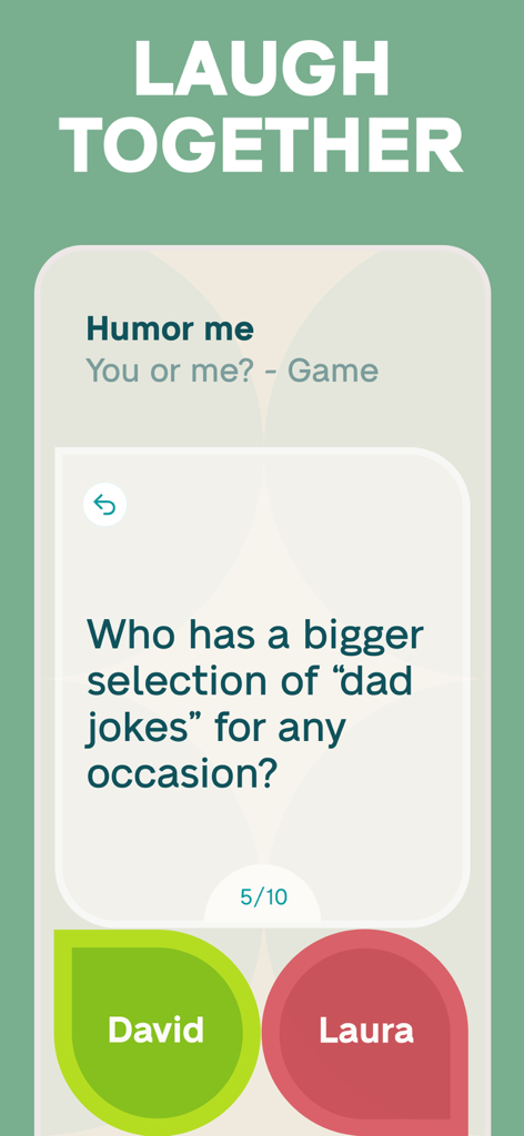 JustUs: Couples & Relationship - A screenshot of the JustUs app showing a fun interactive game question for couples titled Laugh Together.