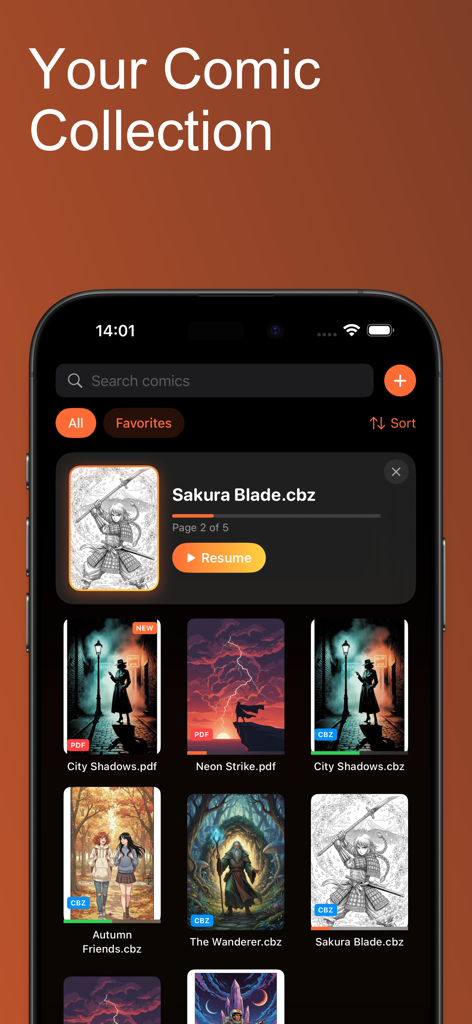 ComicFlow - CBR & CBZ to PDF - ComicFlow app interface showing a digital comic library with cover thumbnails and reading progress on an iPhone
