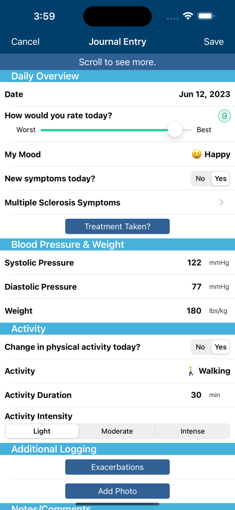 MSAA—My MS Manager - Journal entry screen in the My MS Manager app showing daily health tracking for mood symptoms blood pressure weight and physical activity