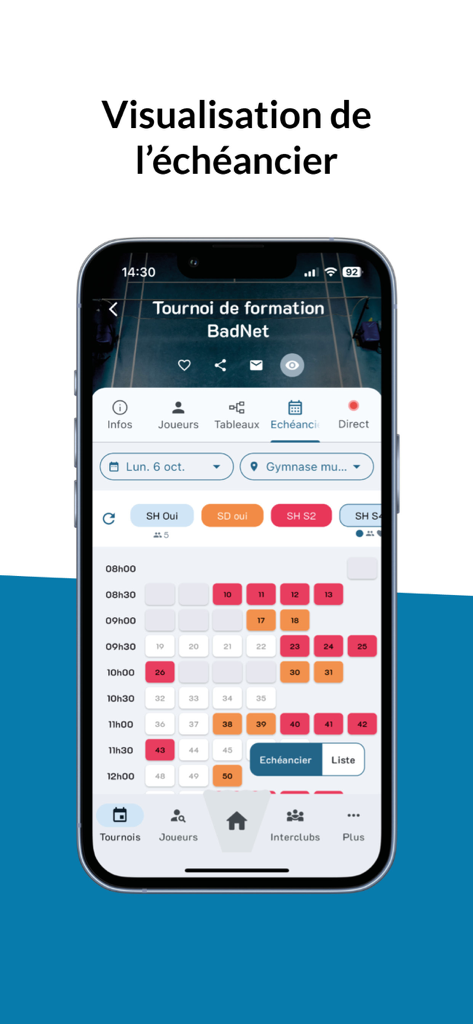 ebad - Écran d'application mobile montrant un calendrier détaillé de tournoi de badminton et les horaires des matchs