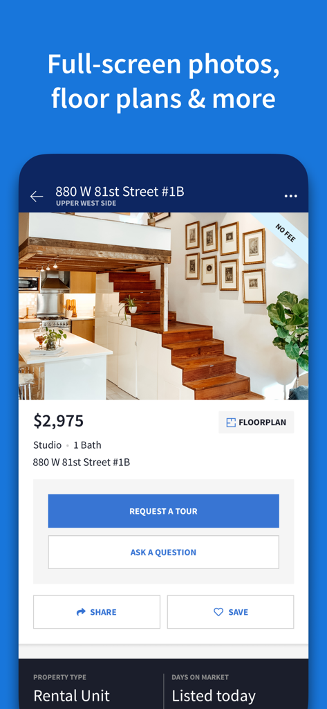 StreetEasy NYC Rentals - StreetEasy app interface showing a detailed rental listing for a studio apartment in NYC with price and floor plan options