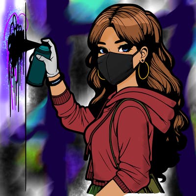 realistic girl with mask spray painting a wall