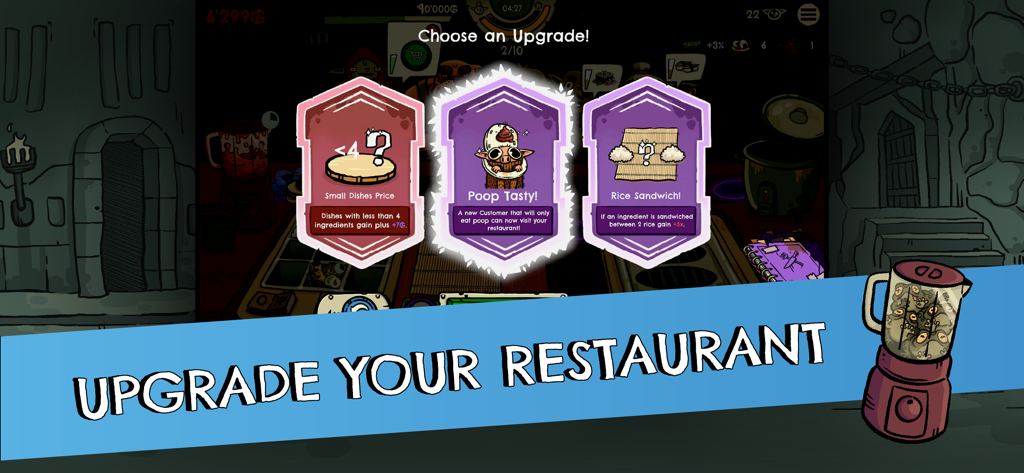 Goblin Sushi - A screenshot of the restaurant upgrade selection screen in Goblin Sushi