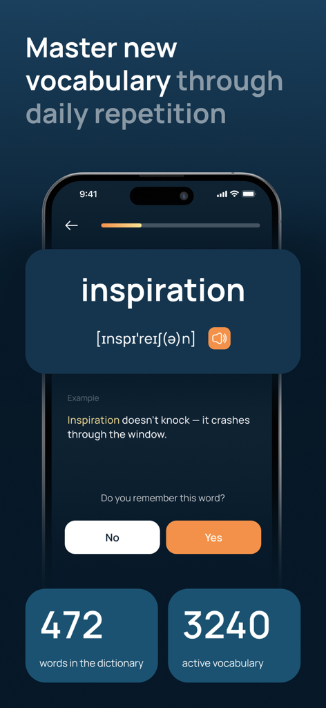 Storist: Read & Speak English - Smartphone screen showing an English vocabulary flashcard for the word inspiration with phonetic spelling and example sentence in the Storist app.