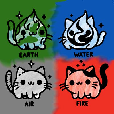 4 cats that represent the different elements, earth, water, air, and fire