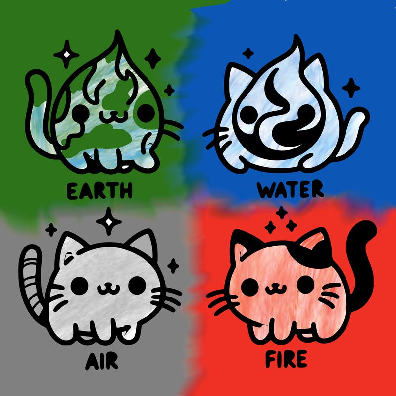 4 cats that represent the different elements, earth, water, air, and fire