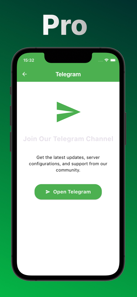 MX Tunnel Pro app screen showing the option to join the Telegram community for updates and support